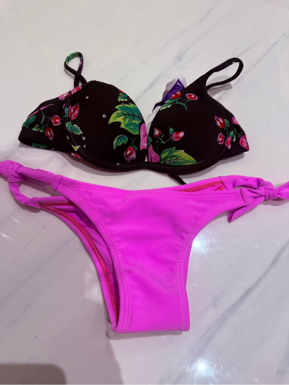 NWT vintage Brazilian Black Floral Underwire Bikini set with Pink Bottoms